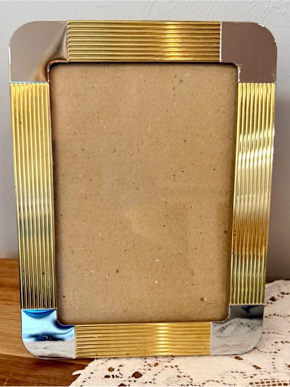 Vintage Art Deco Gold and Silver Ribbed Metal Picture Frame holds 5x7- Unbranded